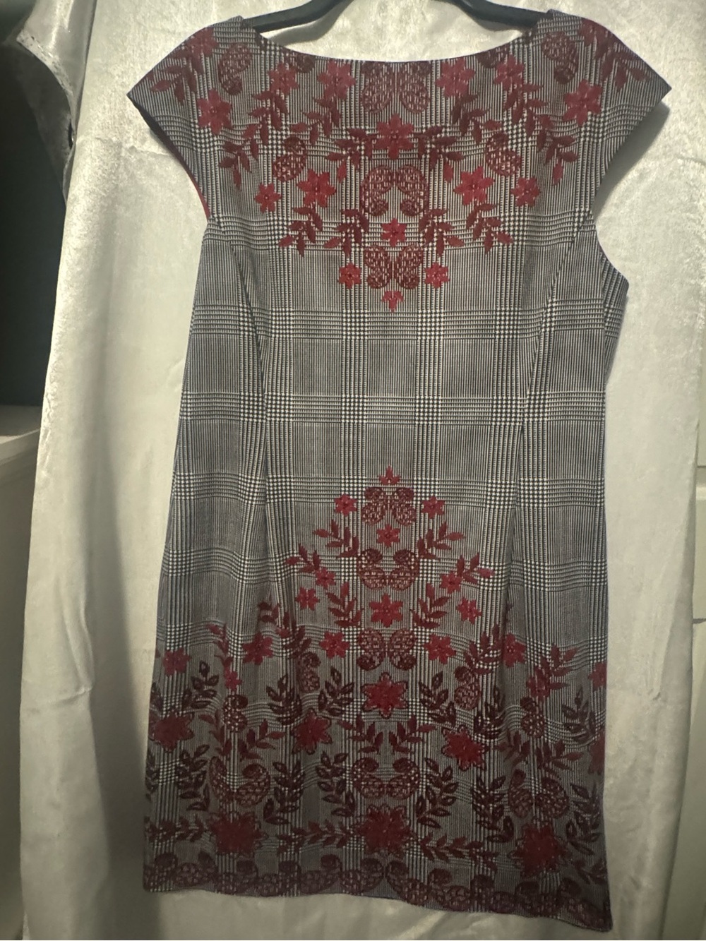 Gray Plaid Dress with Red Floral Embroidery London style fits like 14 UK sz18
